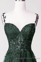 Dark Green Tulle With Lace Beaded Straps Semi Formal Prom Dress, Green Long Semi Formal Prom Dress Party Dress